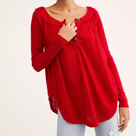 Free People Oversized Red Thermal Top Size XS - Picture 1 of 8